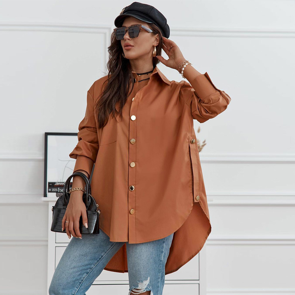 Spring Solid Color Stitching Button Irregular Slit Top Long Shirt in Blouses & Shirts