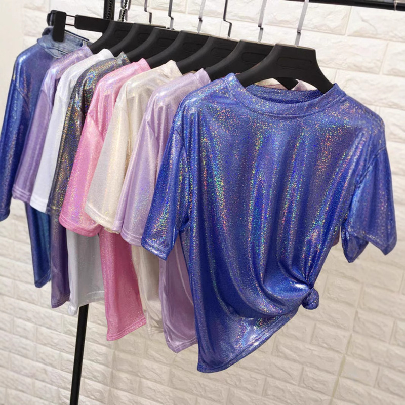 2025 New T-Shirt Reflective Shiny Women's Short-Sleeved Square Dance T-Shirt Loose Mid-Length Glitter Silk Performance Clothing
