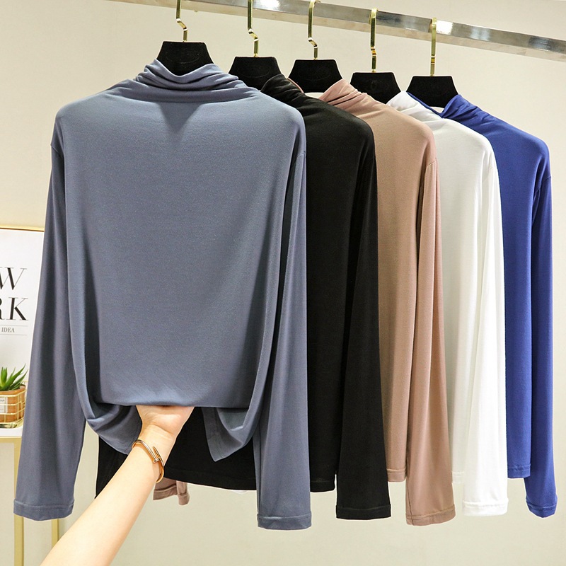 봄과 가을 모달 하이 칼라베이스 셔츠 느슨한 긴 소매 내부 티셔츠 플러스 사이즈 세련된 여성의 탑