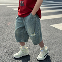 熊猫圆圆夏季儿童破洞牛仔短裤薄款 2025夏季新款男童七分裤夏装