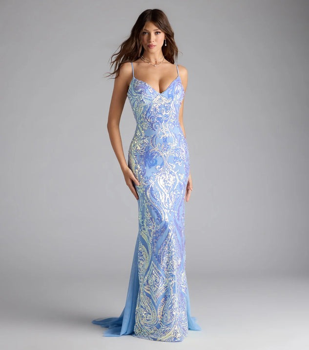 Venta caliente transfronteriza europea y americana nueva fiesta de las mujeres con cuello en V azul lentejuelas vestido sexy vestido de noche