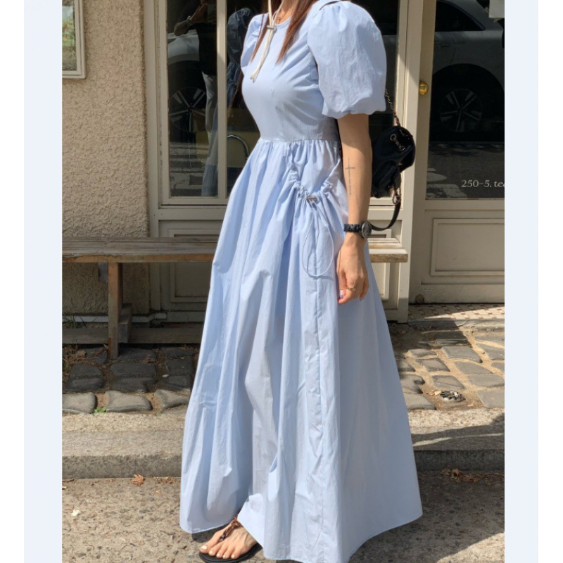 Summer elegant design fitted long dress with a round collar