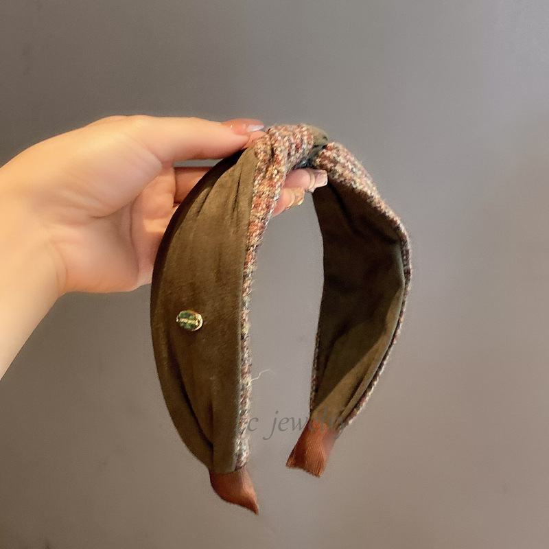 复古绿色毛呢格纹麻花拼接编织发箍女头扣时尚气质外出高颅顶发卡|undefined
