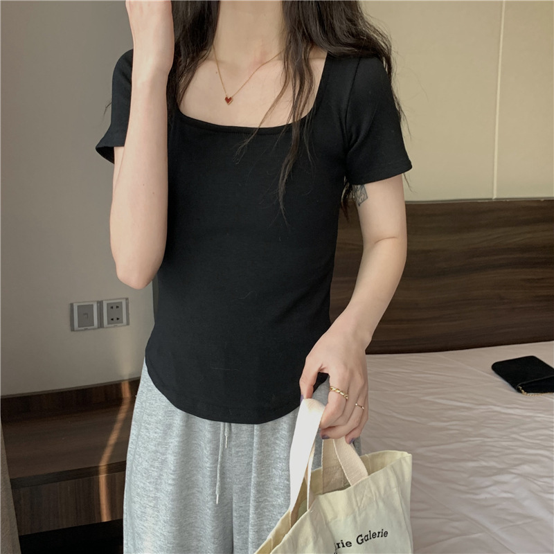 175g Weight Short Sleeve Sleeve Length Polyester Fabric Type Short Top Length T-shirt Tops Type Casual, Daily Occasion Square Neck Neckline Slim Fit Type Solid Color Pattern Spring, Autumn Season Women's Gender Casual, Simple Style Style Wholesale Women's Casual Simple Style Solid Color Short Sleeve T-Shirts 17
