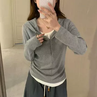 拼接连帽假两件长袖t恤女2025春秋新款修身显瘦褶皱打底衫上衣潮