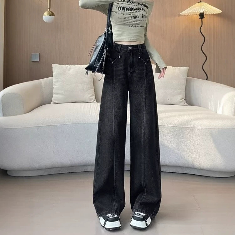 American retro straight-leg wide-leg jeans for women, new high-waisted slimming drapey floor-length pants for spring and summer 2026 American retro straight-leg wide-leg jeans for women, new high-waisted slimming drapey floor-length pants for spring and summer 2026