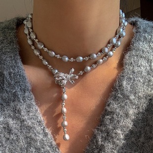 7-8mm Tianshui Ran Alien Baroque Pearl Necklace Fashion Platinum Grey Elegant Bow Woolen Chain