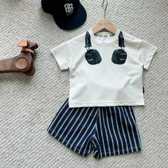 兒童T恤夏季新款寶寶印花耳機圓領薄款短袖上衣韓版嬰兒衣服潮