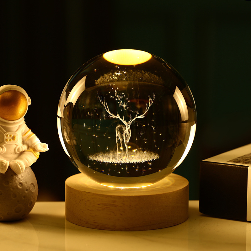 Bola de cristal 3D de la Vía Láctea — grabado interno luminoso con base de madera, luz nocturna decorativa creativa
