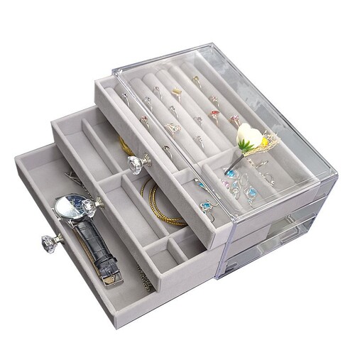 New Acrylic Three-Layer Three-Compartment Earrings Rings Necklace Watches Flocked Fabric Box Jewelry Storage Box