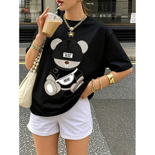 �羳�W�aCute Bear Graphic Tee, Kawaii Cartoon Print T-Shirt,