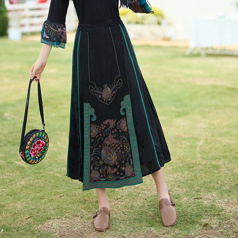 Женская юбка трапециевидной формы средней длины в этническом стиле с вышивкой в стиле тяжелой промышленности 2025, новая юбка трапециевидной формы средней длины в стиле шинуазри в стиле ретро