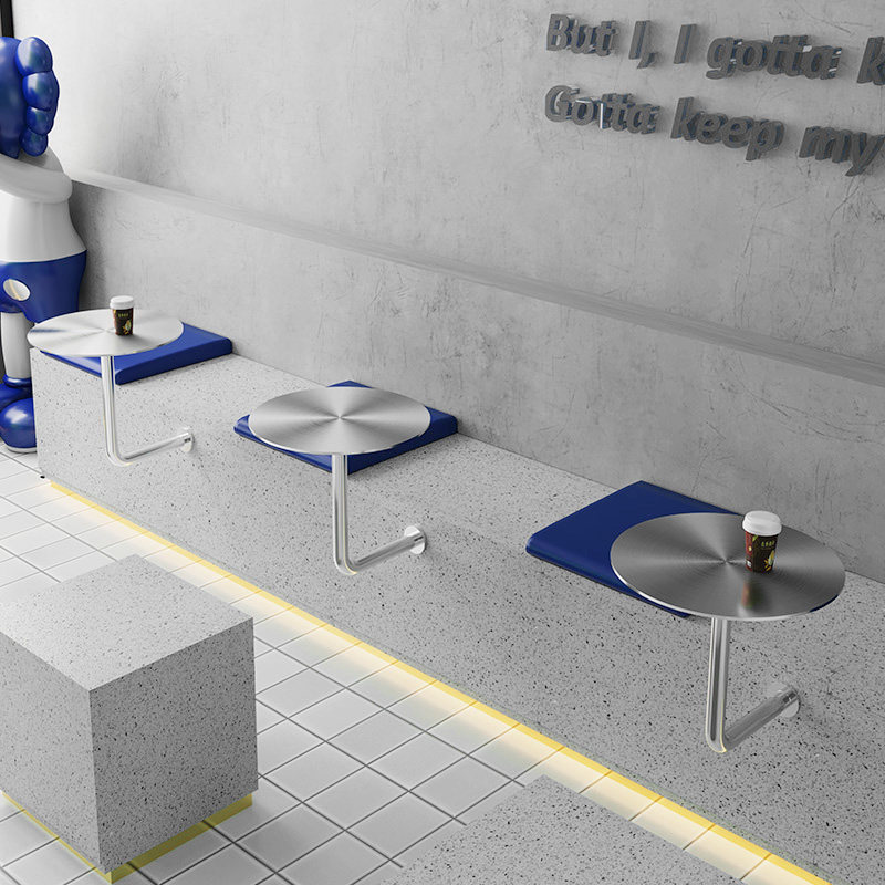 Simple Cafe Booth Fixed Small Table, Milk Tea Shop Outdoor Small Round Table, Stainless Steel Industrial Style Wall-Mounted Round Table