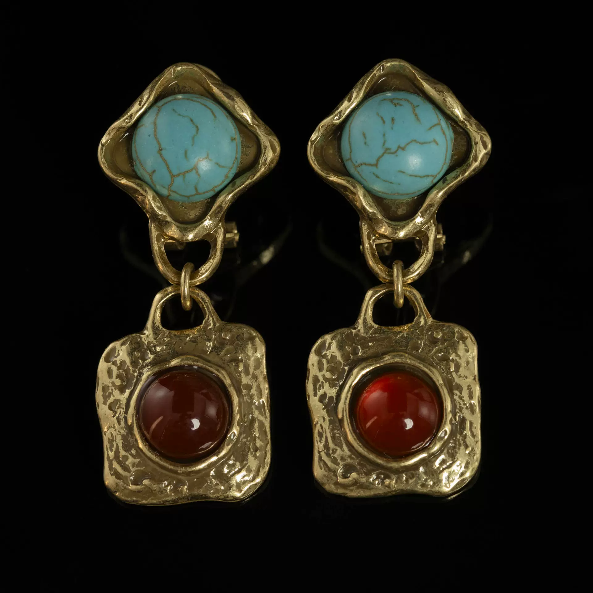 中古vintage时尚高级感复古小众青岛厂中古铜合金天然石菱形耳环