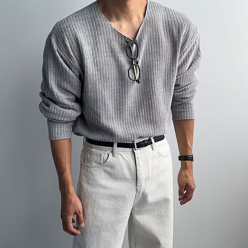 Round collar knitted long-sleeved t-shirt autumn Korean high-end fashion casual all-matching lazy style bottomed shirt trendy men's