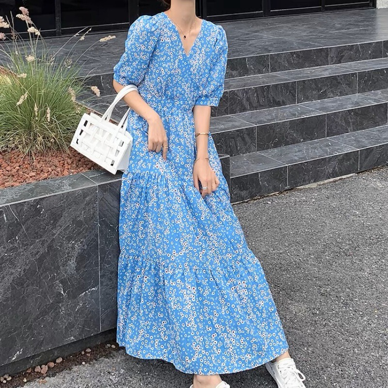 Blue Floral Dress for Women, Extra Long Ankle-Length, 2025 Summer New Style, French Retro Chiffon V-Neck Short-Sleeved Long Dress