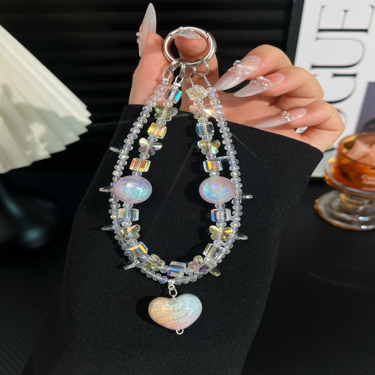 Cadena de teléfono móvil ultra-flash cadena de cristal cuentas de doble capa de alta calidad artesanía pesada amor colgante nicho corto lote de doble cadena