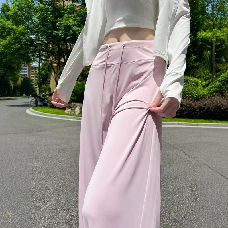 Ice Silk Pink Sun Protection Pants for Women, Summer Thin High-Waisted Slimming Straight-Leg Petite Cool Wide-Leg Yoga Sports Pants