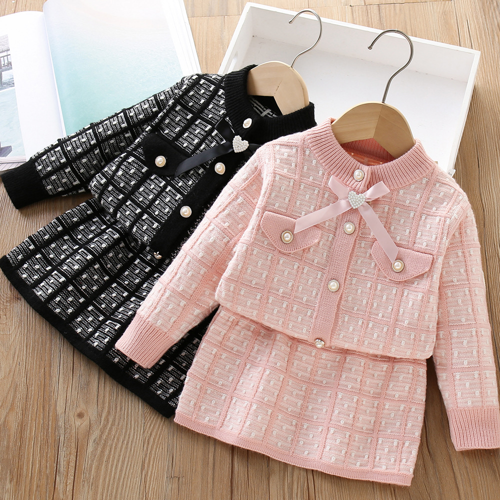 Girls' Sweater 2024 Autumn/Winter New Small Fragrant Stle Butterfl Knot Knitted Cardigan Bag Skirt Two Piece Set_voghion.com
