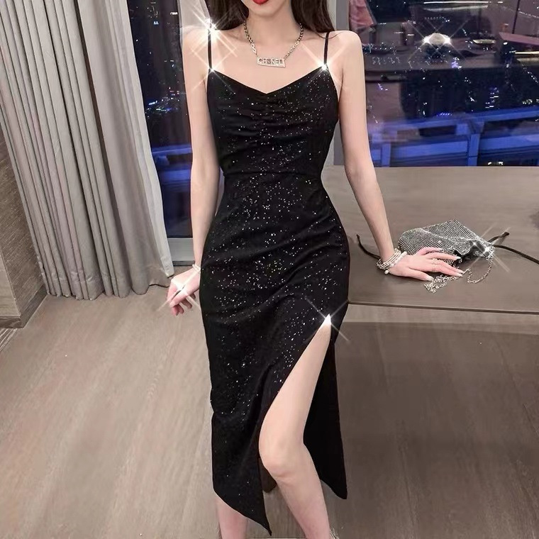 French Suspender Dress for Women Summer 2025 New Fat mm Slimming Look Slit Sequined Mid-Length Skirt Trendy