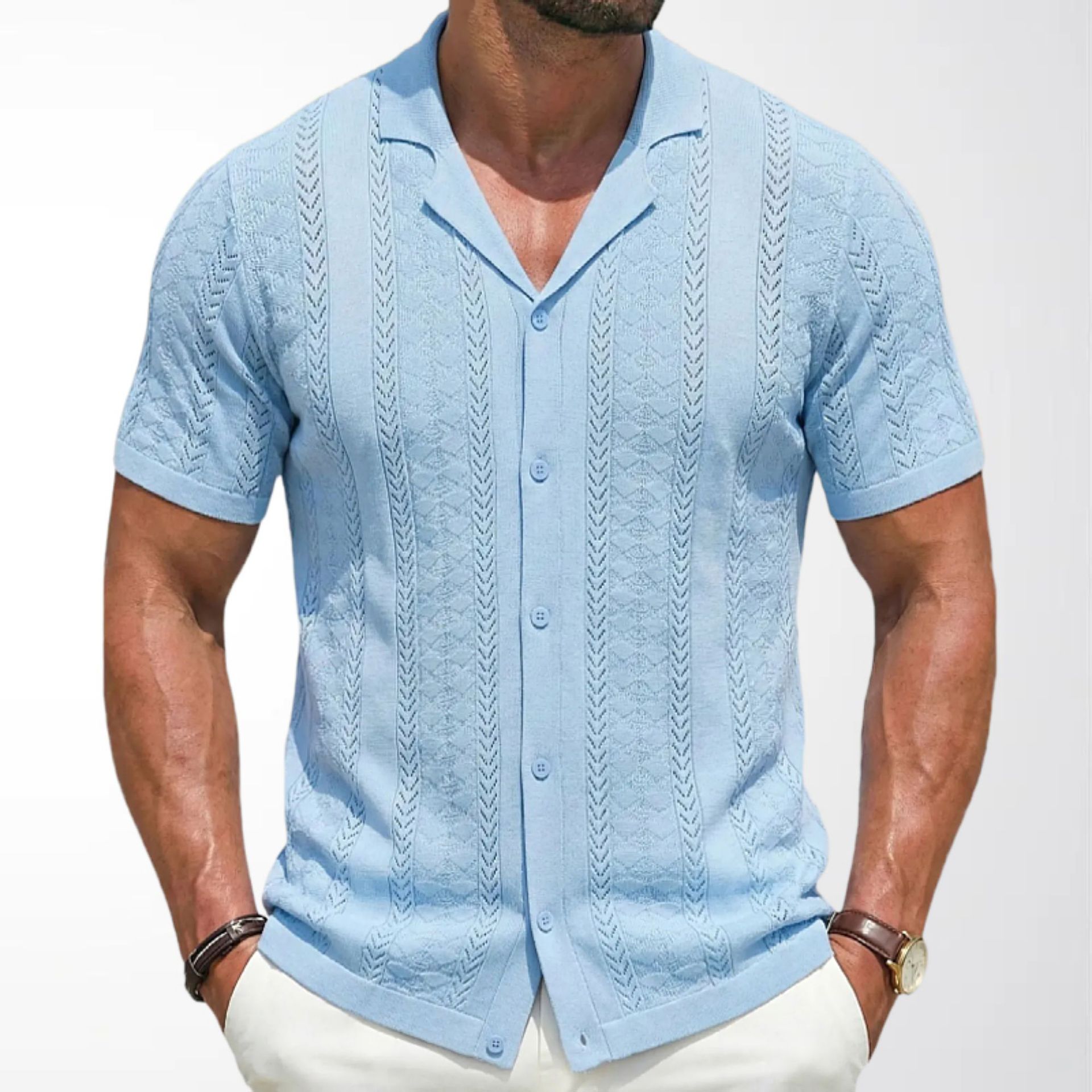 Foreign Trade Cuban Collar Knitwear Summer Wheat Ear Jacquard Short-Sleeved Casual Cardigan Polo Shirt Cross-Border Men's Clothing Sy0194