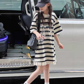 2026夏季女童撞色条纹蝴蝶结蕾丝花边中长款裙子童装宽松T连衣裙