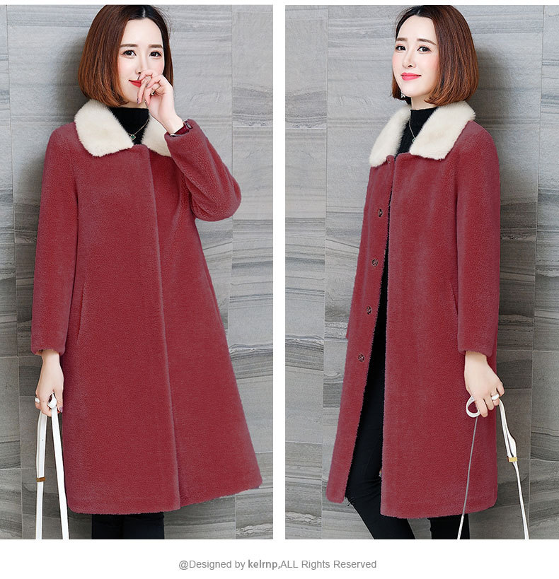 Women's Clothing Clearance Granular Sheep Shearling Real Mink Collar Fur Wool Coat_voghion.com