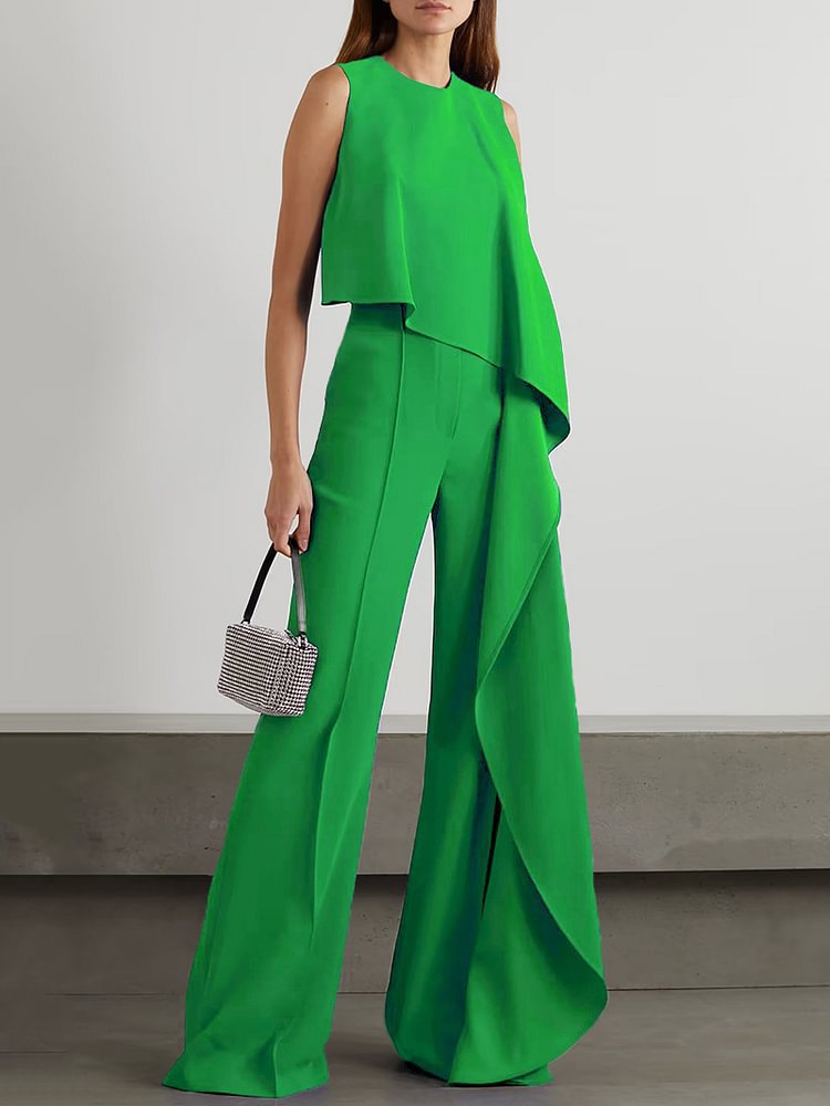 Mono irregular de mujer con pantalón de pierna ancha y chaleco largo con cadena, estilo europeo y americano, para comercio exterior 2024