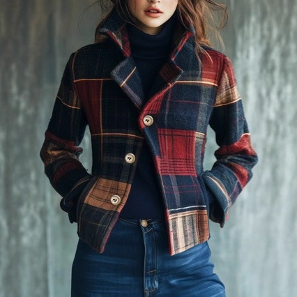 2025 European and American Fashion Independent Station Plaid Retro Warm Jacket Autumn and Winter Stand Collar Splicing Button Jacket Small Suit