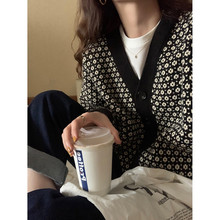 韓國東大門2021新款毛衣女復古黑白提花撞色v領寬松針織開衫加厚
