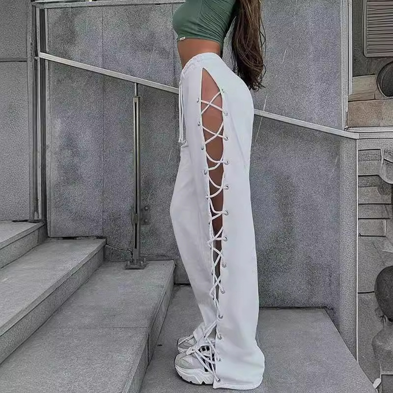 2024 Cross-Border European and American Clothing New Street Slim Side Slit Eyelet Straps Cut Out Versatile Wide-Leg Trousers