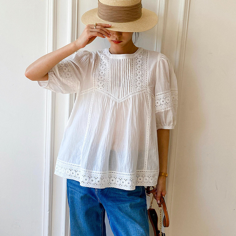 Southern French Style Pullover Blouse, Summer Round Neck Loose Babydoll Shirt, Short-Sleeved Solid Color Top, Cross-Border Women's Clothing, New Summer Style