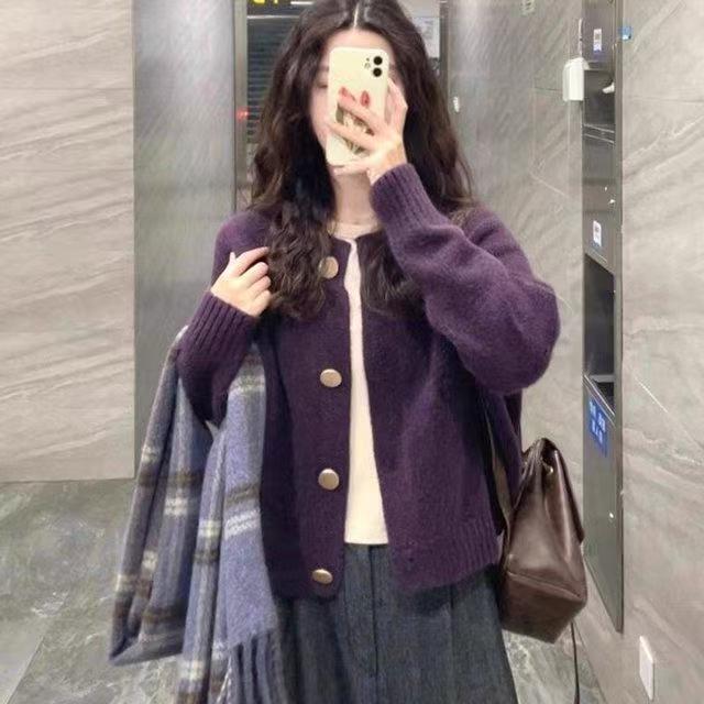 Soft and Waxy Milk Noble Purple Round Neck Cardigan Sweater Jacket for Women Autumn and Winter Loose Lazy Style Outer Knitted Top