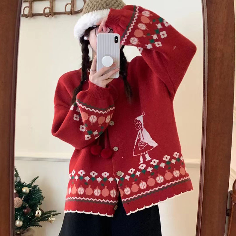 Christmas Atmosphere Red Sweater Jacket for Women 2024 Autumn and Winter Plus Size Loose Knit Cardigan Top Inner Wear