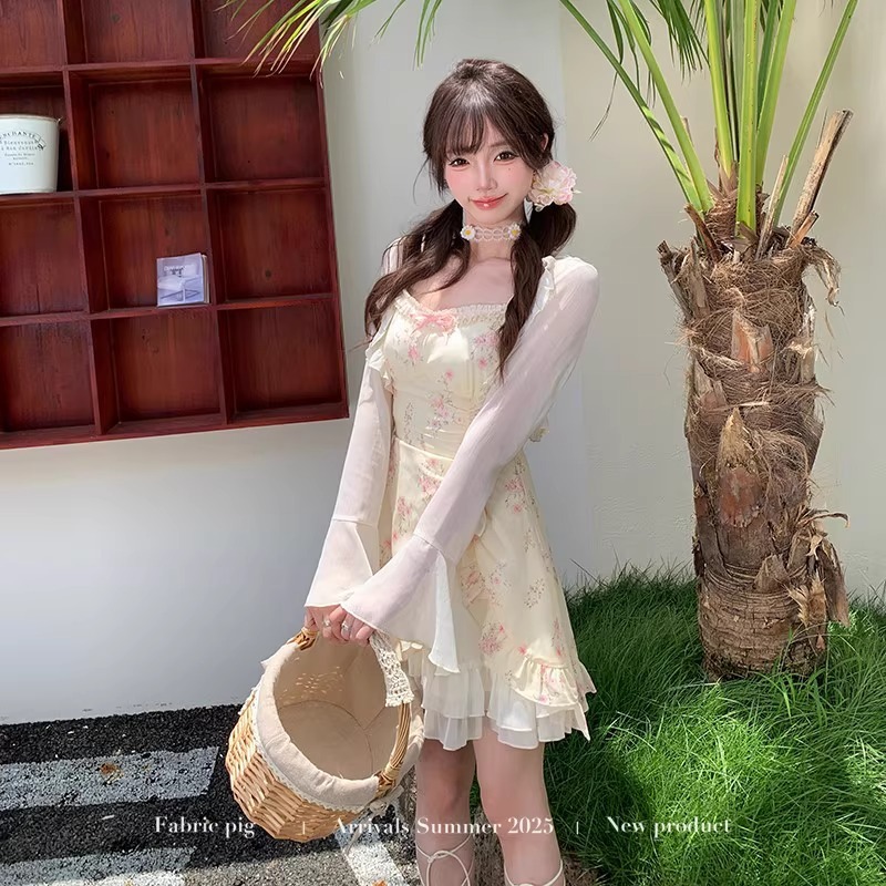 新しい中国風の女の子ニッチデザイン夏の新しい甘くてスパイシーでかわいい花柄スカートと白いカーディガンの2点セット|undefined
