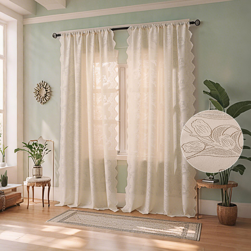 Cortina de estilo francês com bordado de tulipas para varanda, sala de estar e quarto - Verão 2025_voghion.com