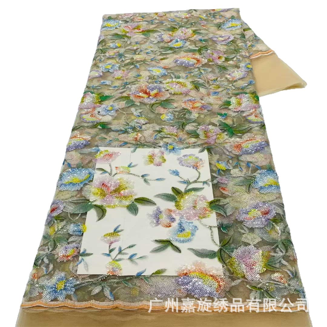 Nuevo tejido de malla con encaje bordado de lentejuelas y cuentas de hadas florales para vestido de novia, vestido de noche infantil, tela bordada image 6