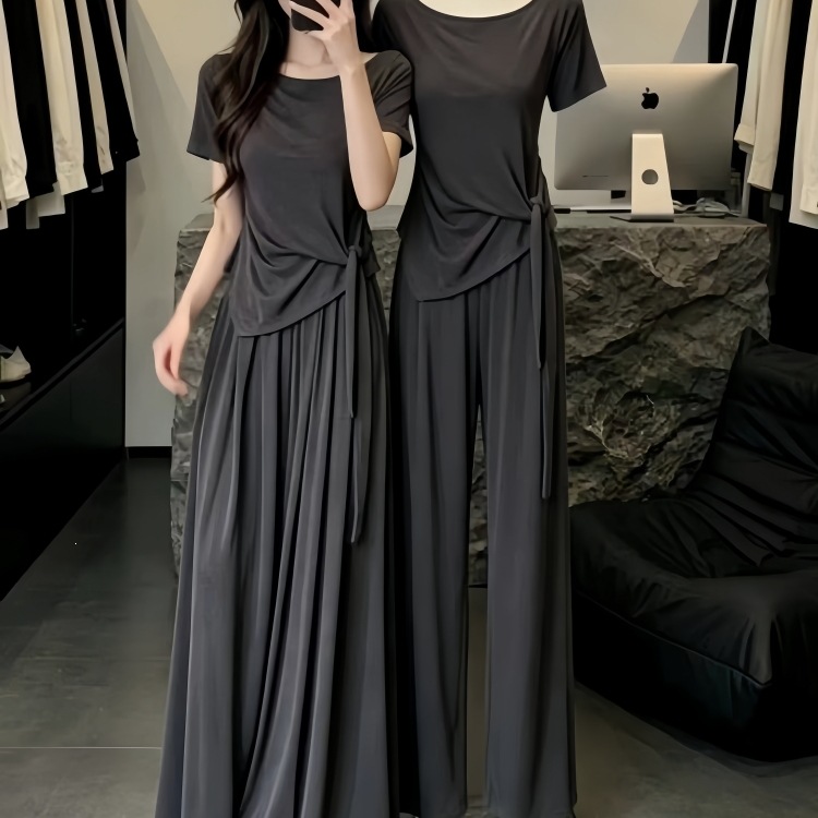 Lazy Style Complete Outfit for Women 2026 Summer New Design Asymmetrical Neck Off-Shoulder Top and Wide-Leg Pants Two-Piece Set