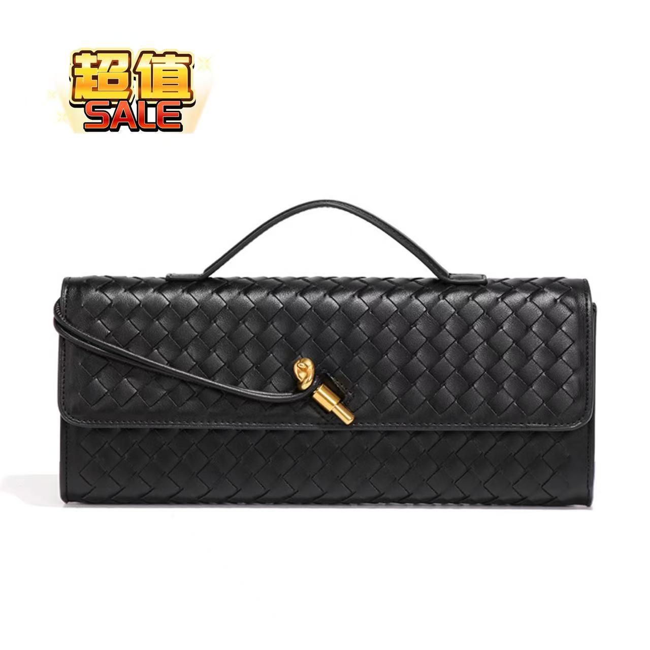 跨境热销手工编制软皮法棍包横款方型风琴包纯色外贸手提斜跨女包