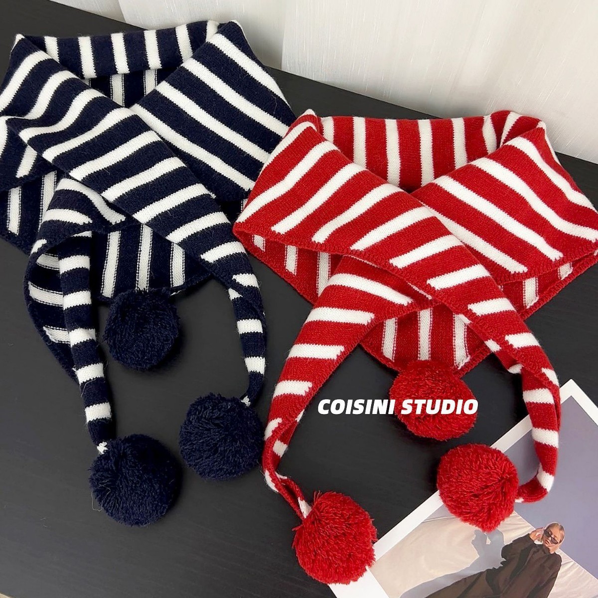 Korean Order 2025 New Korean Version Cute Ball Red Striped Triangle Scarf for Women Autumn and Winter Warm Versatile Shawl
