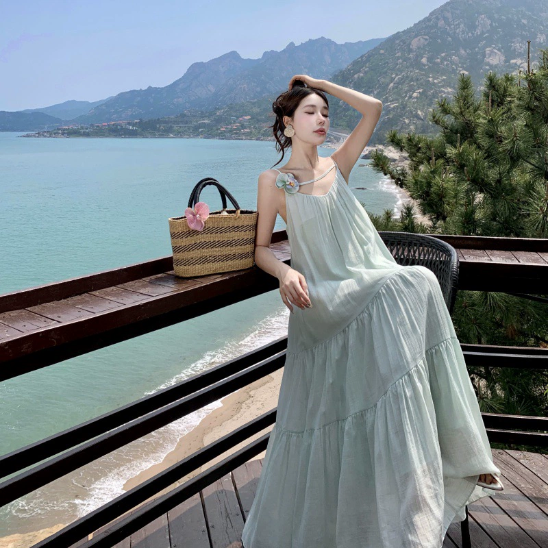 2026 Fresh and Elegant Mint Holiday Style Oversized Hem Strapless Long Dress with 3D Floral Design for Women
