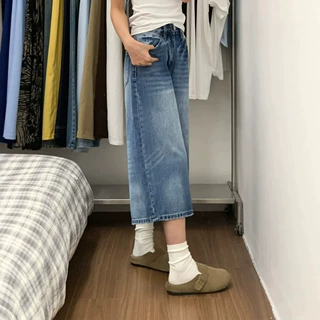 美式复古阔腿牛仔裤女夏大码胖mm高腰宽松遮胯显瘦梨形身材七分裤