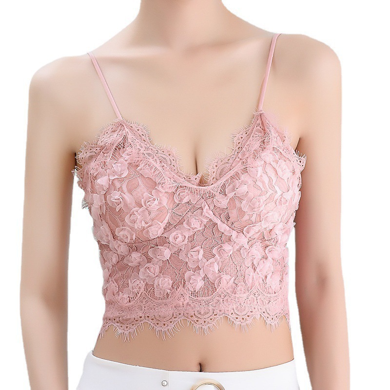 Francés estereoscópico rosa encaje dulce pequeño chaleco de cinturón pura sexy con cojín de pecho envuelto en el pecho chaqueta