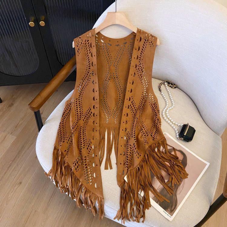 Cross-Border Foreign Trade Summer New Suede Tassel Vest Women's Thin Retro Fashion Waistcoat Travel Outer Tassel