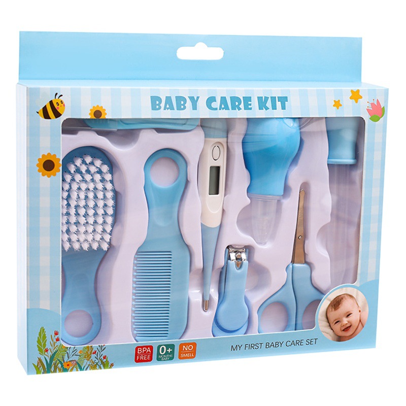 Cuidado del bebé suministros aspirador nasal alimentador medicina 8 piezas traje termómetro manicura tijeras limpieza diaria bolsa de regalo
