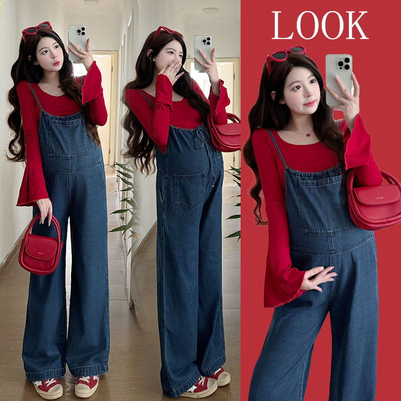 2026 Spring New Maternity Wear: Reversible Maternity Overalls + Red Flared Sleeve Top Set 2026 Spring New Maternity Wear: Reversible Maternity Overalls + Red Flared Sleeve Top Set