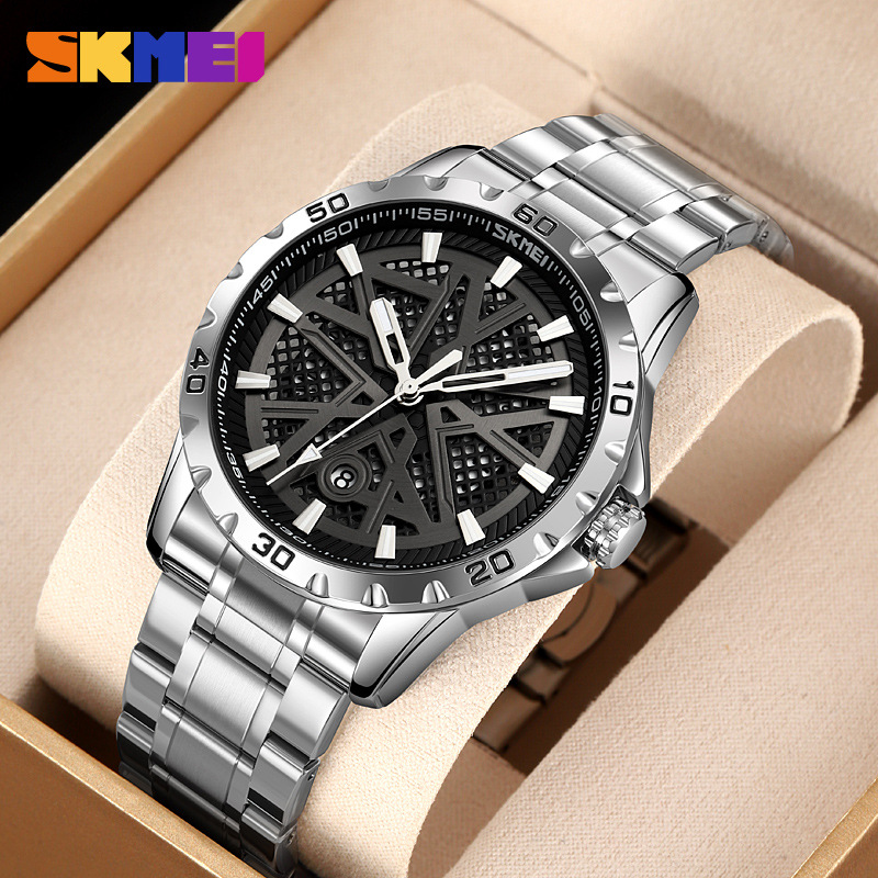 Momento de reloj de hombre redondo hueco correa de acero impermeable calendario reloj de pulsera simple reloj de cuarzo comercial al por mayor transfronterizo