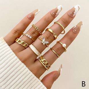 European and American New Retro Inlaid Pearl Chain Ring Butterfly Open Ring Ins Style Ring Set 10-Piece Set