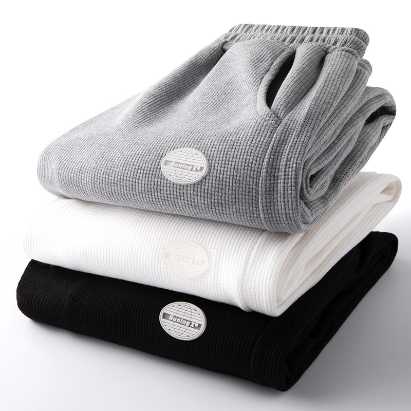 Waffle sweatpants for men, winter fashion, versatile, trendy sports pants, loose fit, jogger cuffs, fleece lining, casual pants