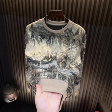 2025新款长袖t恤男满天星烫钻破洞上衣圆领休闲打底衫男秋季卫衣